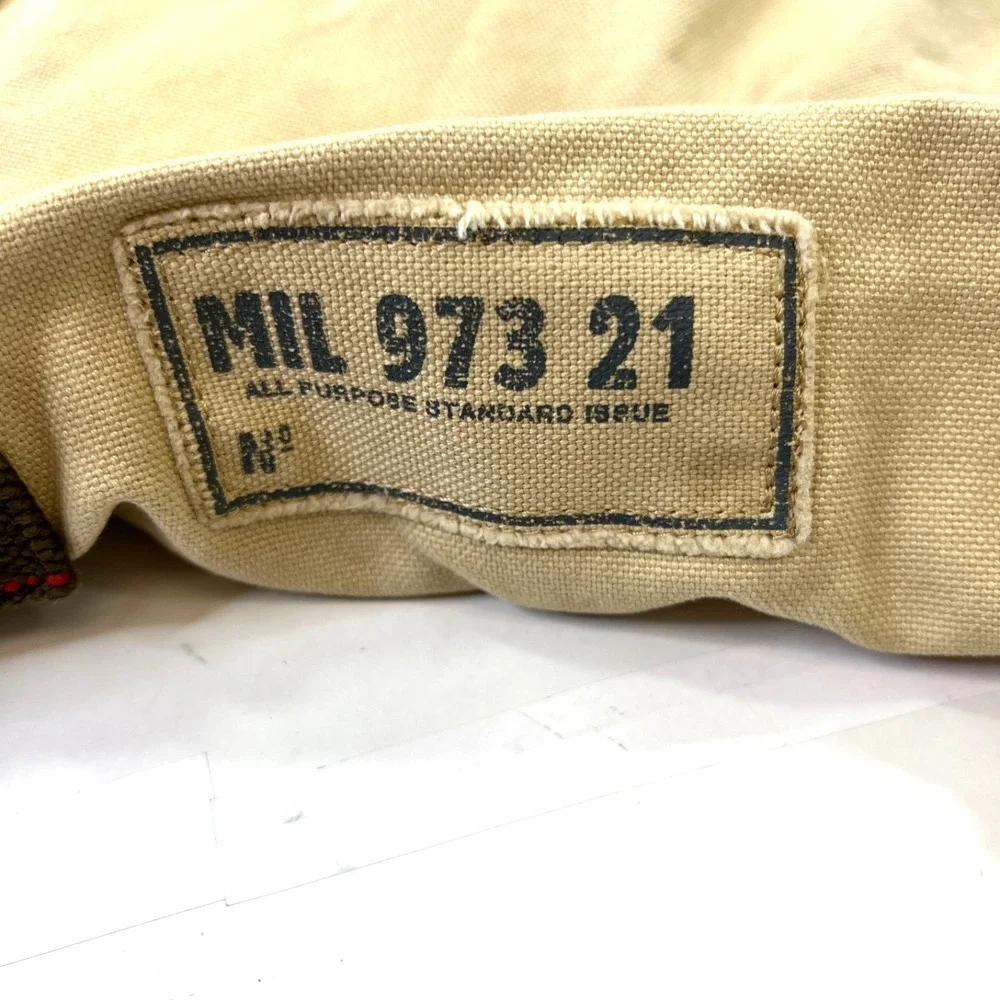 Old Navy Beige Canvas Messenger Bag Camo Lining Leather Tabs Distressed Adjustbl